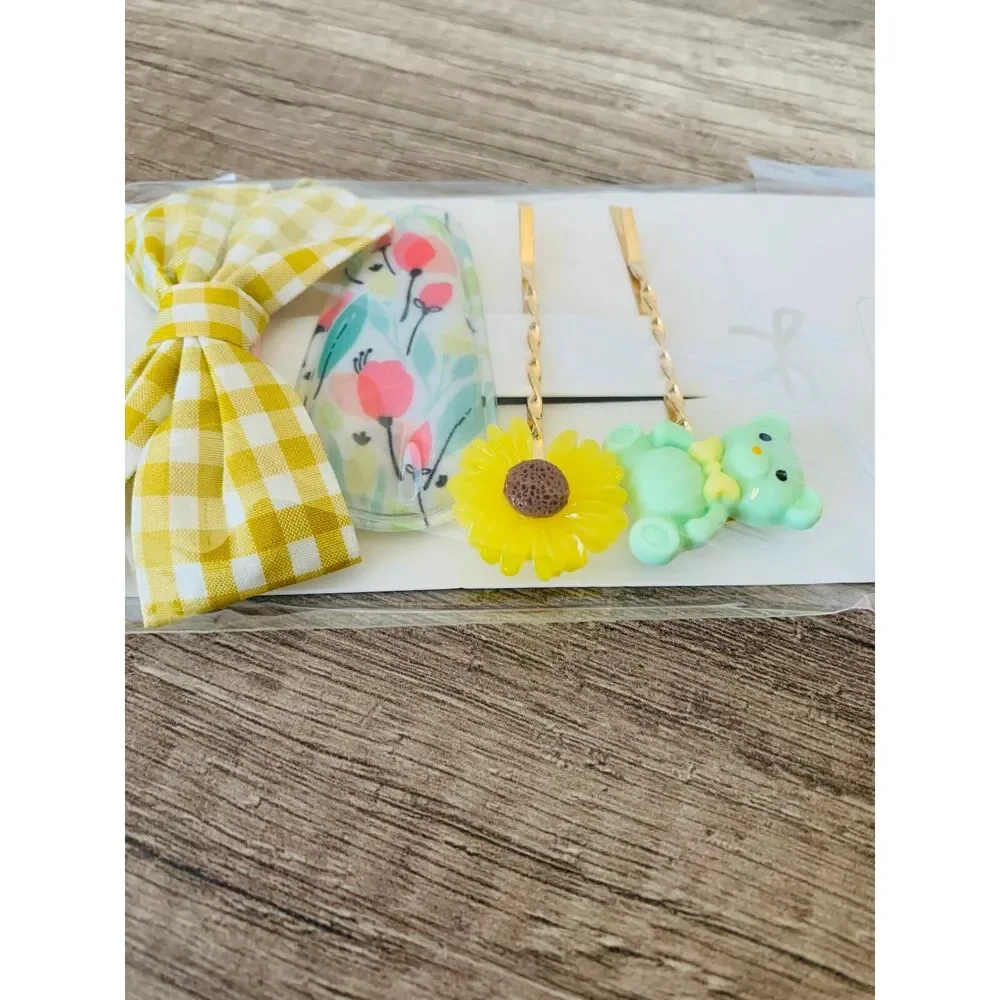 Hair pins fashion bear flower ribbon hair pin 4PC set Yellow anime LA Comic Con
